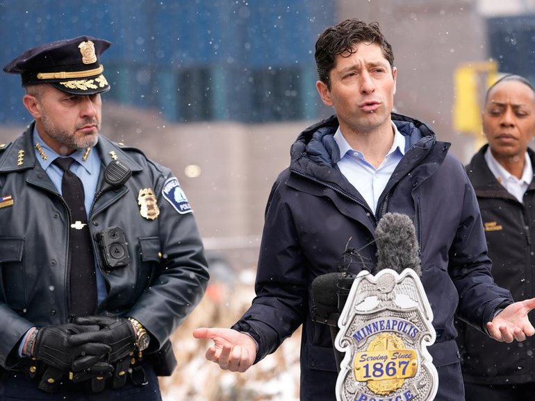 Minneapolis mayor Jacob Frey says anyone causing damage to property ?during demos will be arrested. (AP PHOTO)