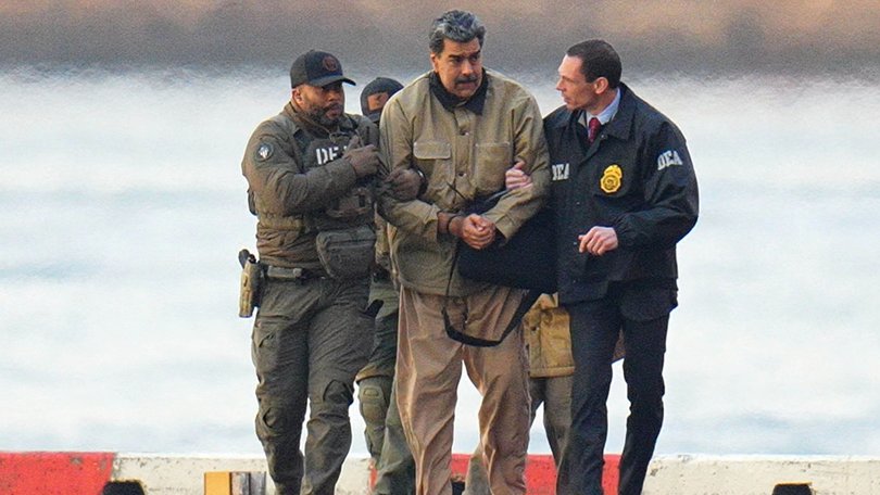 Nicolas Maduro in handcuffs after landing at a Manhattan helipad on January 5.