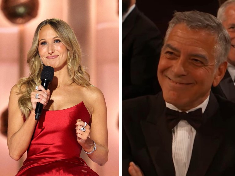 Rose Byrne, left, Nikki Glaser and George Clooney, right. 