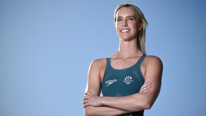 GOLD COAST, AUSTRALIA - JUNE 01: Emma McKeon poses during the Australian 2022 Commonwealth Games Swim Apparel Launch at Miami Aquatic Centre on June 01, 2022 in Gold Coast, Australia. (Photo by Matt Roberts/Getty Images)