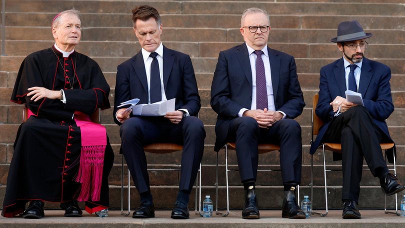Most Rev. Anthony Fisher OP, Catholic Archbishop of Sydney, Chris Minns, Premier of New South Wales, Prime Minister Anthony Albanese and Rabbi Dr Benjamin Elton, Chief Minister of The Great Synagogue at a public memorial for the victims of the Bondi Beach terrorist attack.