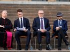 Most Rev. Anthony Fisher OP, Catholic Archbishop of Sydney, Chris Minns, Premier of New South Wales, Prime Minister Anthony Albanese and Rabbi Dr Benjamin Elton, Chief Minister of The Great Synagogue at a public memorial for the victims of the Bondi Beach terrorist attack.