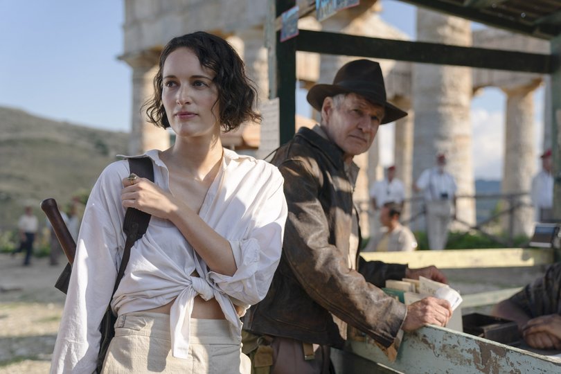 Phoebe Waller-Bridge on screen with Harrison Ford in Indiana Jones and the Dial of Destiny.