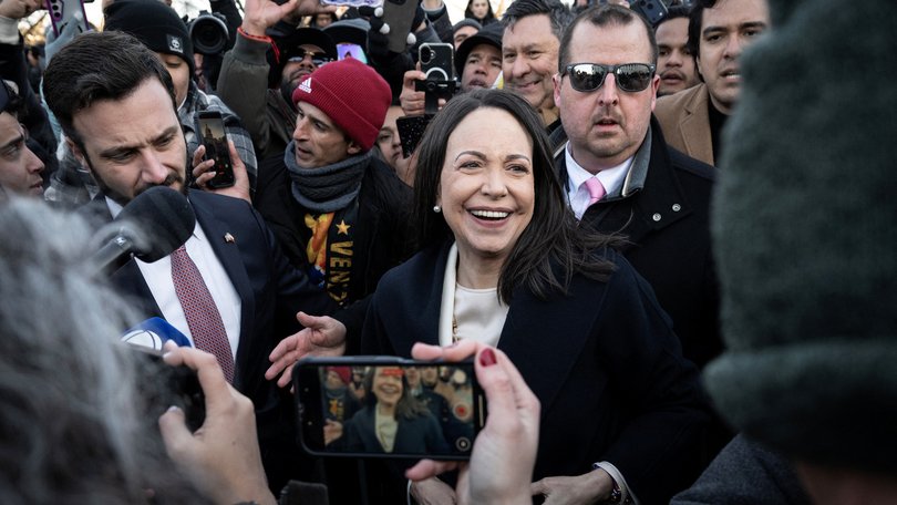 Venezuelan opposition leader Maria Corina Machado speaks to reporters as she departs the US Capitol after meeting with US senators on January 15, 2026 in Washington.