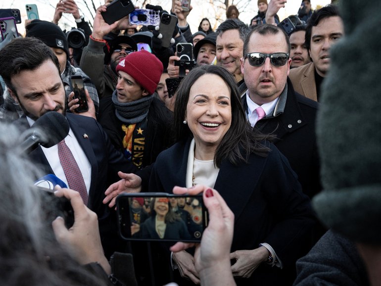 Venezuelan opposition leader Maria Corina Machado speaks to reporters as she departs the US Capitol after meeting with US senators on January 15, 2026 in Washington.