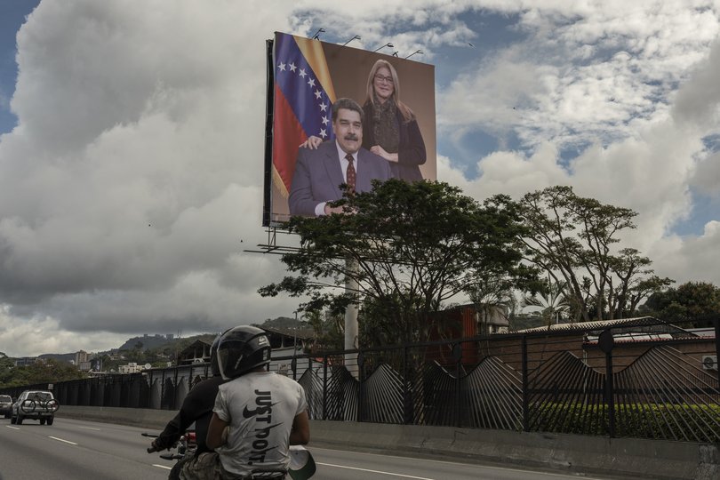 A billboard with a portrait of Nicols Maduro and his wife, Cilia Flores, in Caracas, on Friday, Jan. 16, 2026. 
