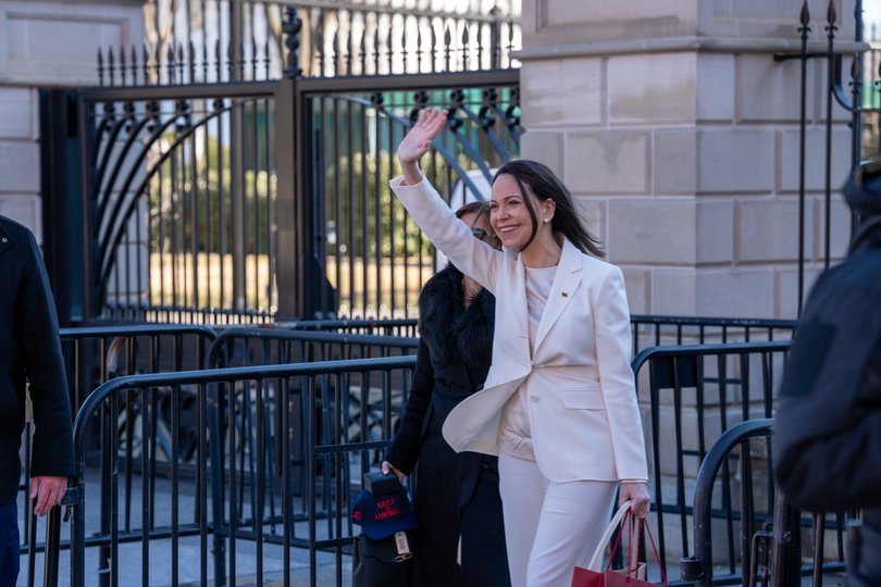 The Venezuelan opposition leader Mara Corina Machado leaves the White House after a meeting with President Donald Trump.