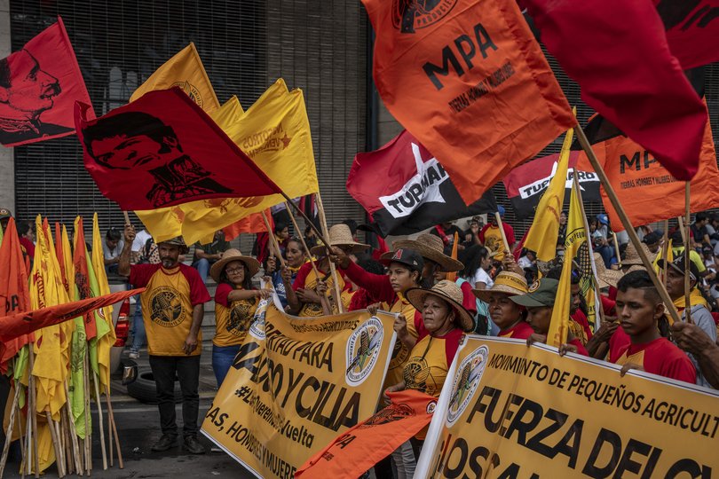Supporters of the Venezuelan government rally to demand the release of Nicols Maduro and his wife, Cilia Flores.
