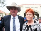 One Nation Leader Pauline Hanson and One Nation member for New England Barnaby Joyce place flowers at a makeshift memorial at Bondi Beach in Sydney.