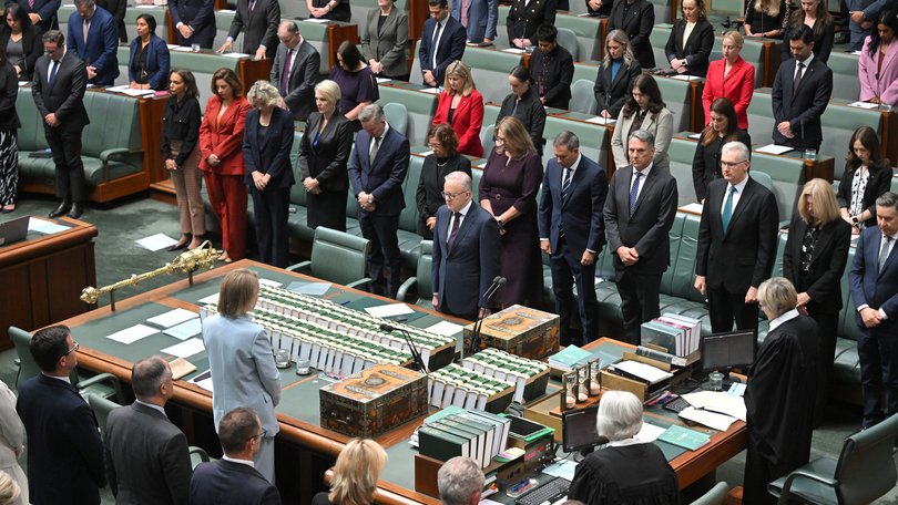 Prime Minister Anthony Albanese and parliamentarians stand for a minutes silence for the victims of Bondi. 