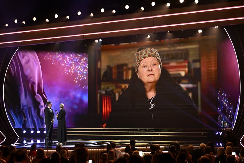 Magda Szubanski accepts Hall of Fame Award via video link during the 65th TV WEEK Logie Awards ceremony at The Star on August 3, 2025 in Sydney.