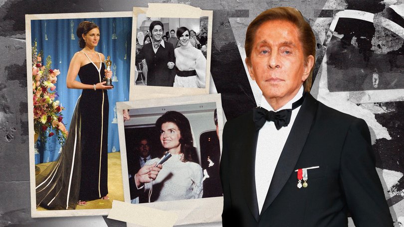 Valentino, whose full name is Valentino Garavini, had creations worn by Julia Roberts, far left, and Jacqueline Kennedy-Onassis, below centre.