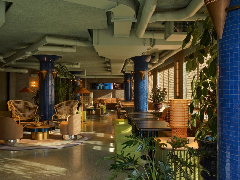 Geometric colour, statement marble and textured custom finishes combine in Hannah St Hotel’s maximalist design.