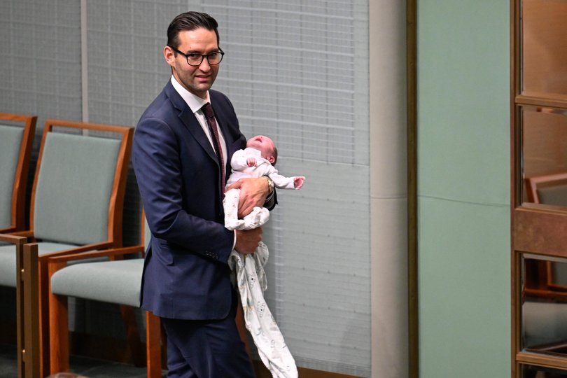 Labor MP Josh Burns MP and baby Lilah Poppy Purcell during the Combatting Antisemitism, Hate and Extremism Bill.