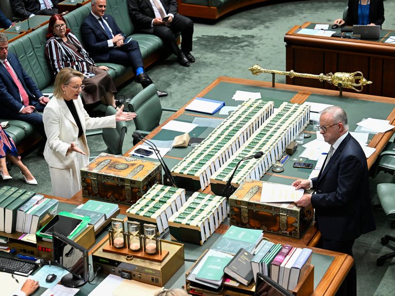 Leader of the Opposition Sussan Ley and Prime Minister Anthony Albanese during Question Time at Parliament House in Canberra. 
