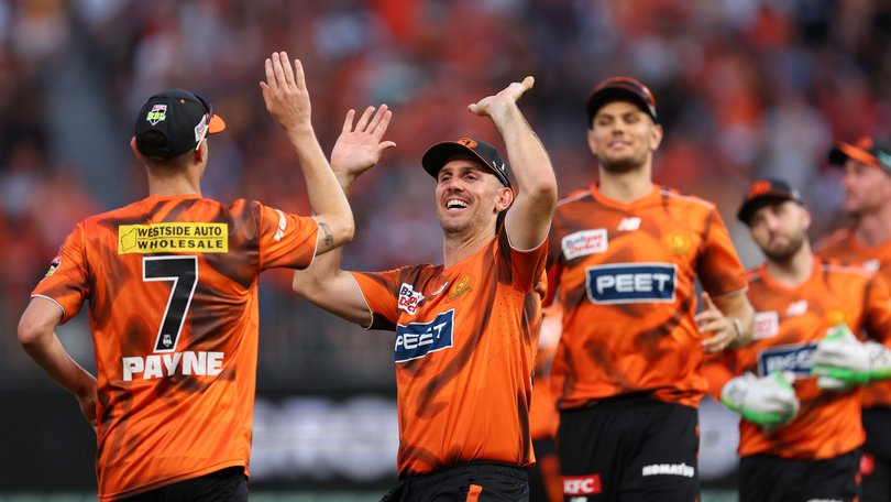 Mitch Marsh of the Scorchers congratulates David Payne after taking a catch to dismiss Steve Smith.