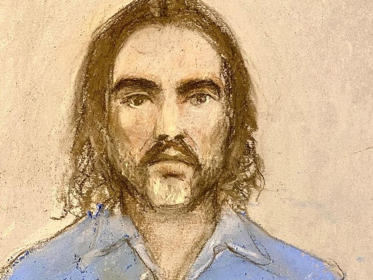 Russell Brand appeared at Westminster Magistrates' Court via video link from the United States. (AP PHOTO)