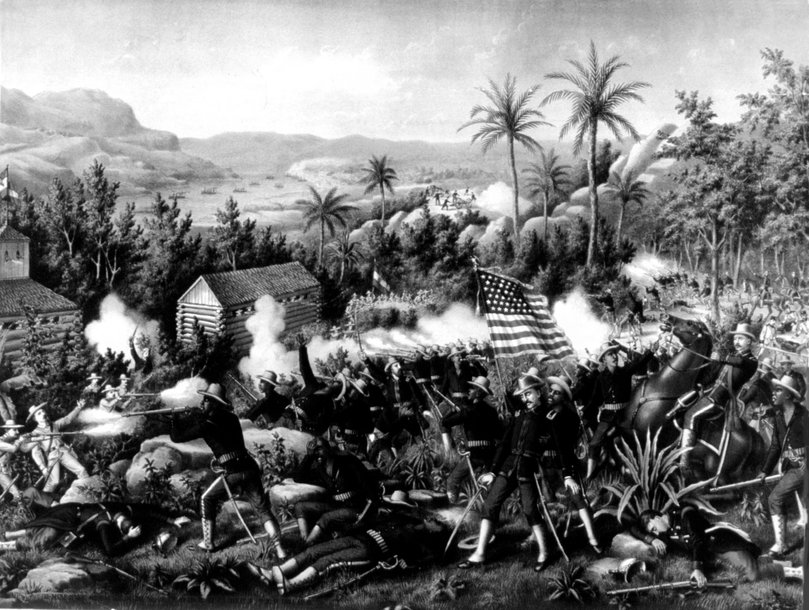 Engraving of the Battle of Quasnimas during the 1898, Spanish-American war in The Philippines.
