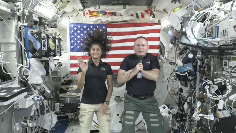 Suni Williams, left, and Butch Wilmore give a news conference aboard the International Space Station in July 10, 2024. 