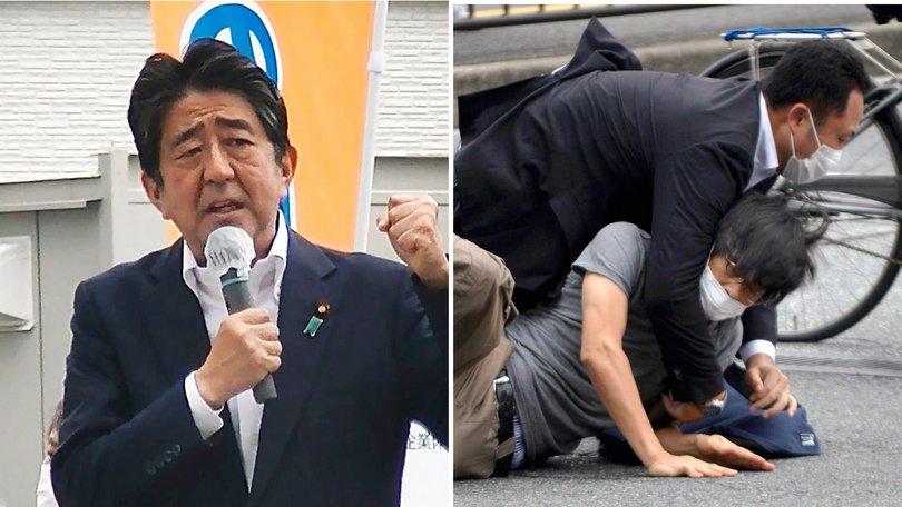 Tetsuya Yamagami, right and on the ground, admitted assassinating former Japanese Prime Minister Shinzo Abe, left.