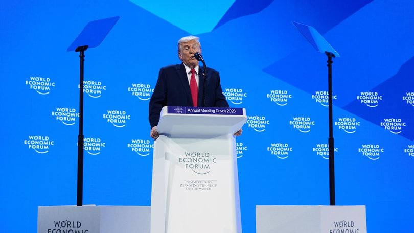 President Donald Trump has taken to the podium at the World Economic Forum in Davos. (AP PHOTO)