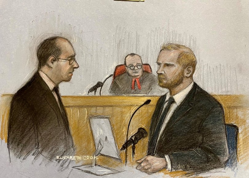 Court artist sketch by Elizabeth Cook of the Duke of Sussex as he gives evidence at London’s High Court. 