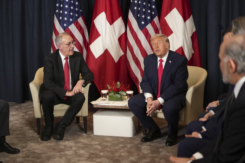 US President Donald Trump speaks while meeting with President Guy Parmelin of Switzerland.