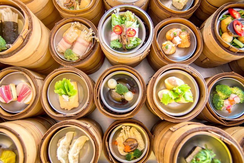 Many kind of boil yumcha, dim sum in bamboo steamer, Chinese cuisine.