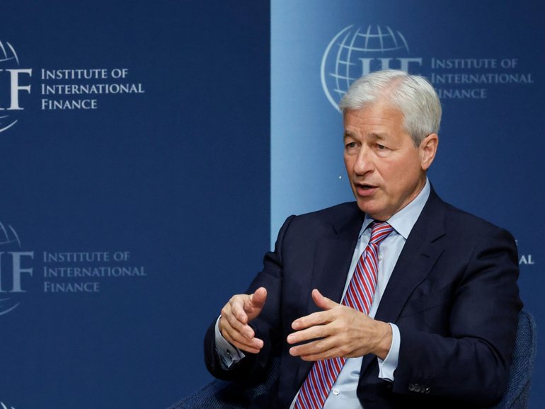 Jamie Dimon, chairman and chief executive officer of JPMorgan Chase & Co., speaks during the Institute of International Finance (IIF) annual membership meeting in Washington, DC, US, on Thursday, Oct. 13, 2022. This year's conference theme is "The Search for Stability in an Era of Uncertainty, Realignment and Transformation." Photographer: Ting Shen/Bloomberg