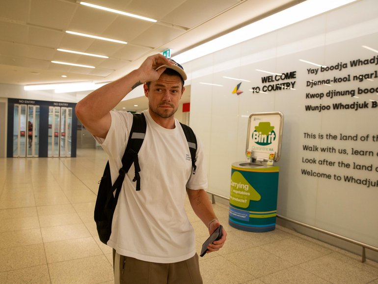 Lachie Neale arrives in Perth.