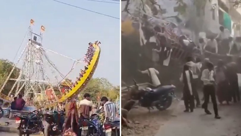 A popular giant swing ride has collapsed at a packed fair sending onlookers into a frenzy and leaving at least 14 school children injured.