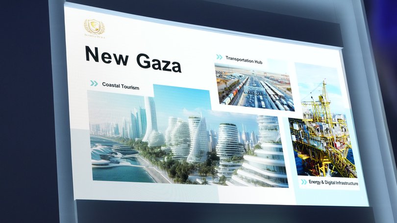 Concept art for ’New Gaza’ shown by Jared Kushner at a signing ceremony for the proposed Board of Peace, during the World Economic Forum in Davos, on Thursday, January 22, 2026.