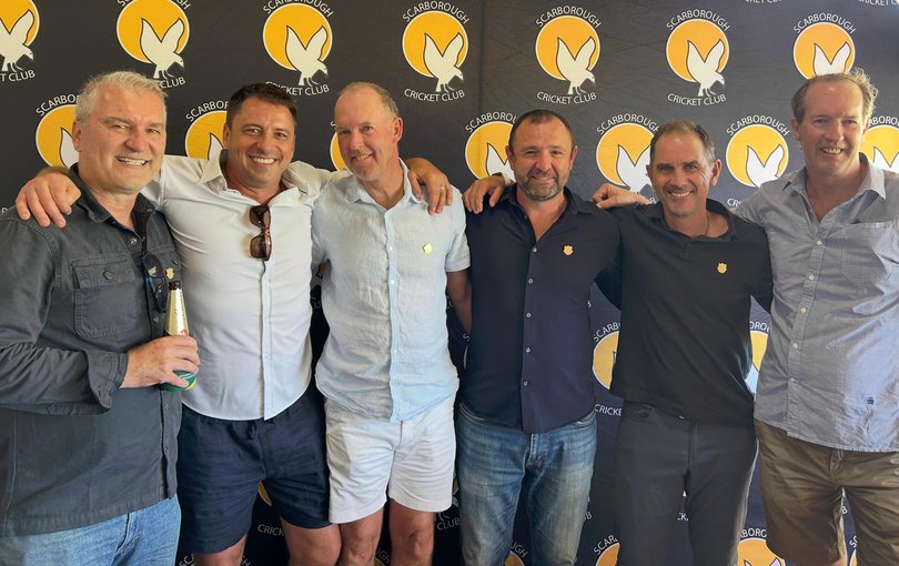 Justin Langer with Scarborough Cricket Club teammates Daniel Ducasse, Robbie Baker, Darrin Ramshaw, Kade Harvey and Troy Ramshaw. Below: Tim Picton. Far right: Members of 21 Platoon, and Mark Bouris.