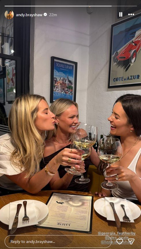Andrew Brayshaw's Instagram Story shows his wife Lizzie, Jules Neale and other friend enjoying a glass of wine at a restaurant in East Fremantle.