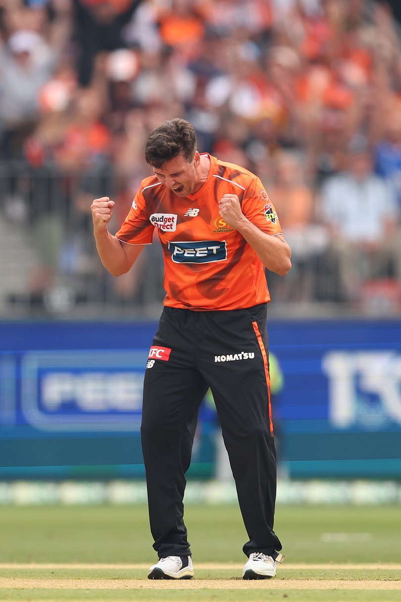Jhye Richardson of the Scorchers celebrates the wicket of Daniel Hughes.