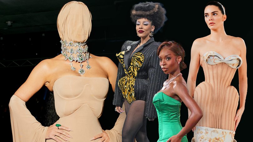 Kim Kardashian, Doja Cat, Olandria Carthen and a model in Schiaparelli’s Spring collection all show off a severe, corset-heavy fashion aesthetic.