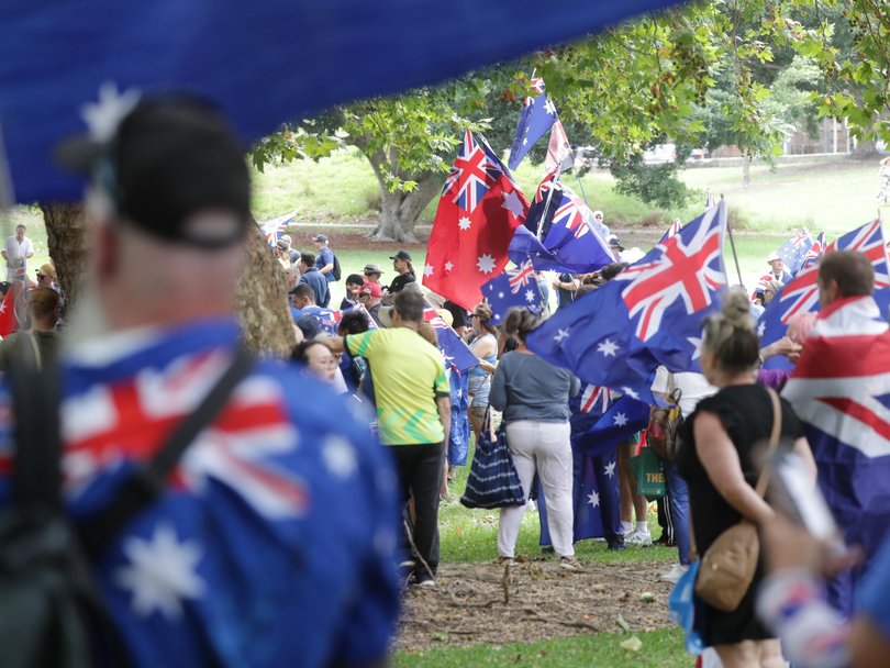 The march for Australia rally was held at Prince Alfred Park in Sydney. Picture: NewsWire / Christian Gilles