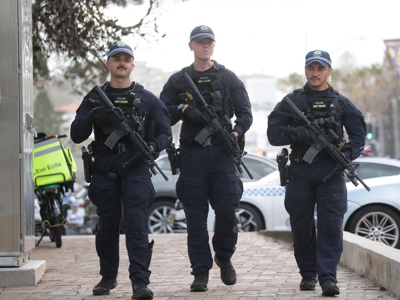 Police with long arms have been a frequent sight in Sydney, including here on New Year’s Eve. Picture: NewsWire / Christian Gilles