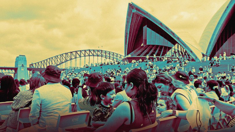 People participate in the citizenship ceremony at the Opera House, during Australia Day 2026 celebrations.