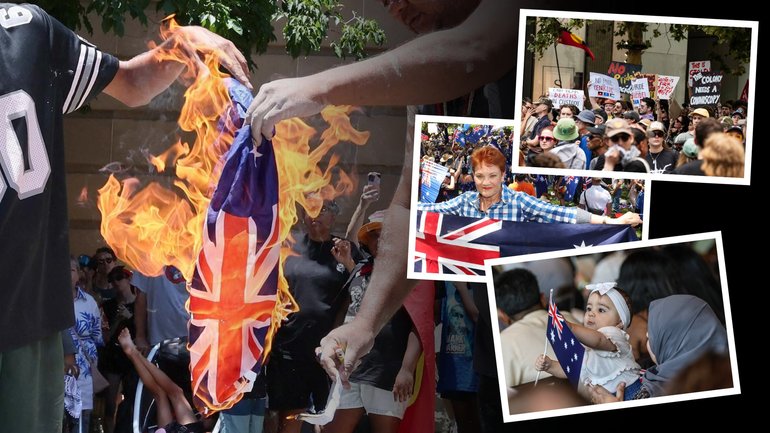 A flag is burned in Brisbane (main image) while just a few streets away, Pauline Hanson addressed a March for Australia rally.