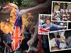 A flag is burned in Brisbane (main image) while just a few streets away, Pauline Hanson addressed a March for Australia rally.