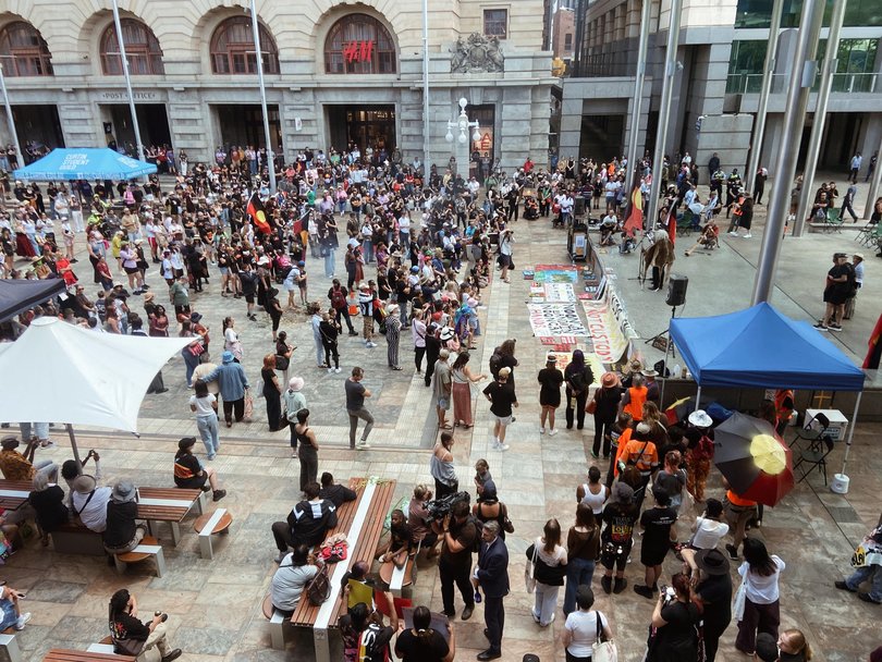 Crowds gather at the Invasion Day protest at Forrest Place in the city on Australia Day. Michael Wilson