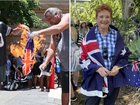 An Australian flag is burned in Brisbane, left, while Pauline Hanson received a rapturous welcome at an opposing rally a few streets away.