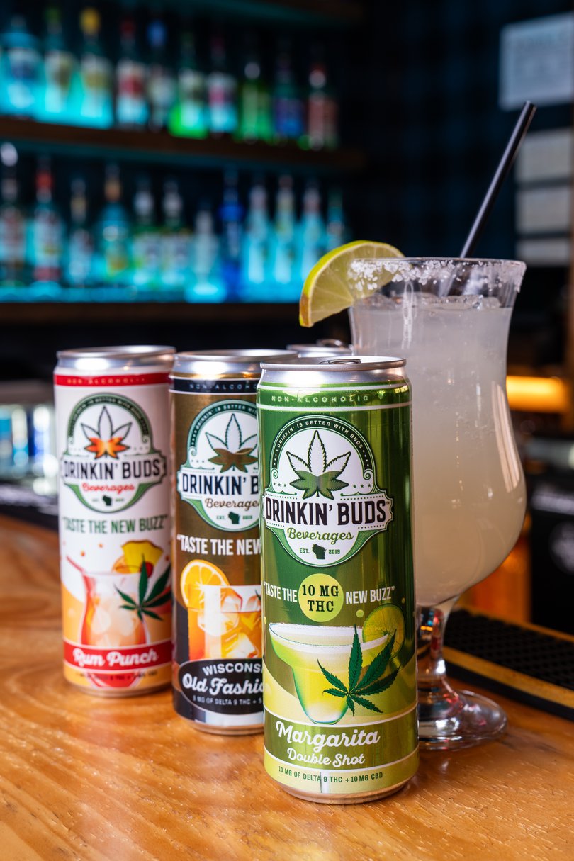 Cans of Drinkin' Buds, one of the non-alcoholic THC-infused beverage brands that have become a popular alternative for people giving up alcohol for the month of January.