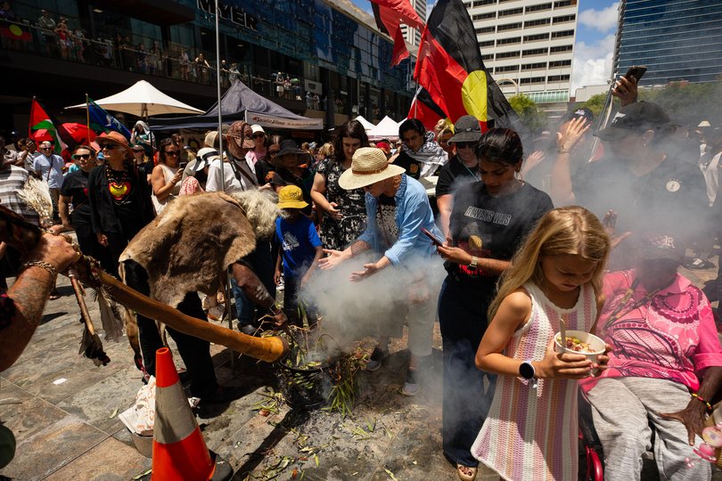 Perth's Invasion Day Rally at Forrest Chase prior to the event being evacuated by police.