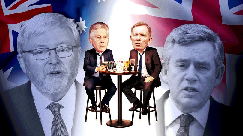 UK Labour Minister Chris Bryant, centre right, stole the show at Jay Weatherill’s Australia Day bash in London with a tale of drinking with former UK High Commissioner Stephen Smith, centre left, as the pair vented about their then-PMs Kevin Rudd and Gordon Wood.