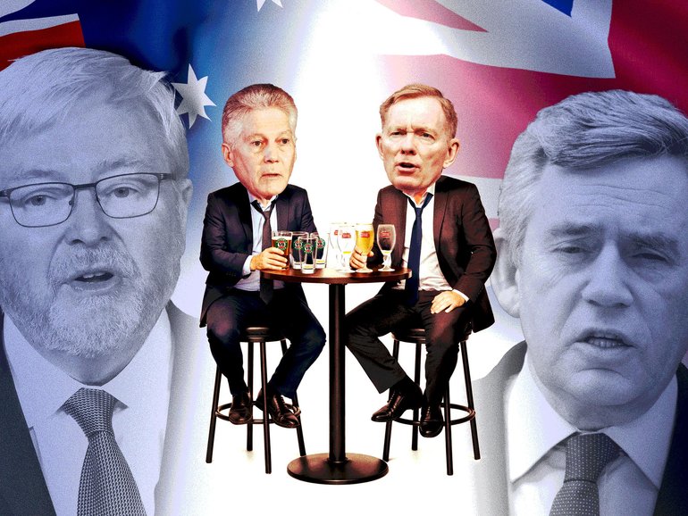 UK Labour Minister Chris Bryant, centre right, stole the show at Jay Weatherill’s Australia Day bash in London with a tale of drinking with former UK High Commissioner Stephen Smith, centre left, as the pair vented about their then-PMs Kevin Rudd and Gordon Wood.