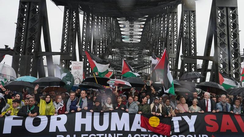 Protestors chanted anti-Israel slogans during a large march over Sydney Harbour Bridge last August.