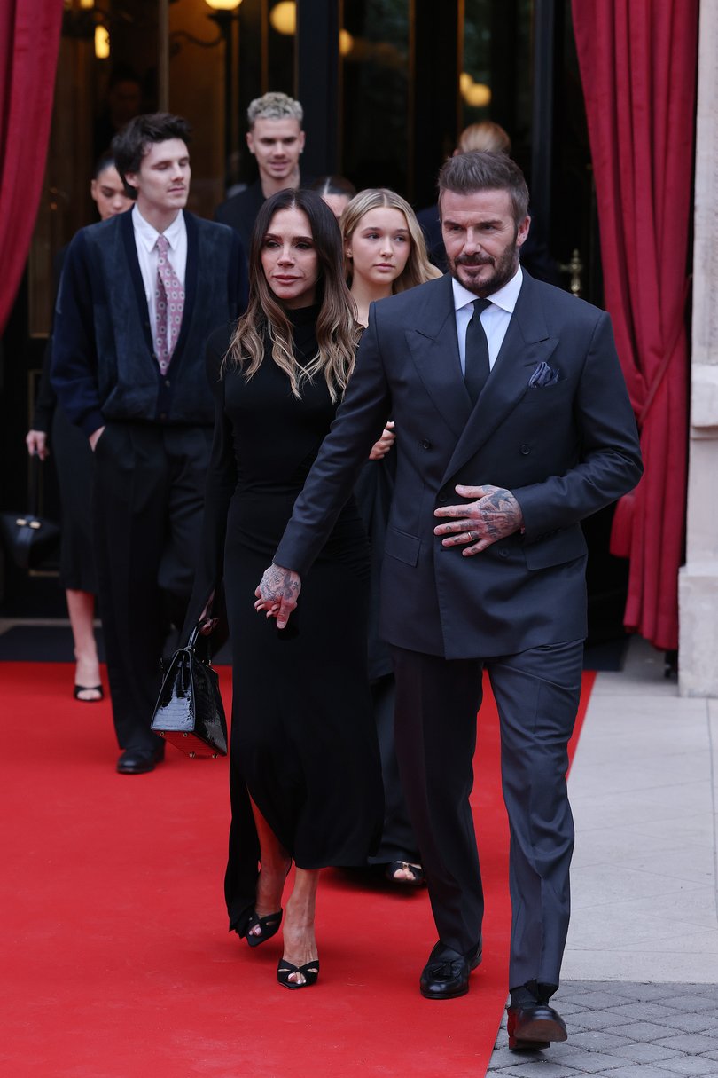 Victoria Beckham and David Beckham leaving their hotel with their children during Haute Couture Spring Summer 2026.