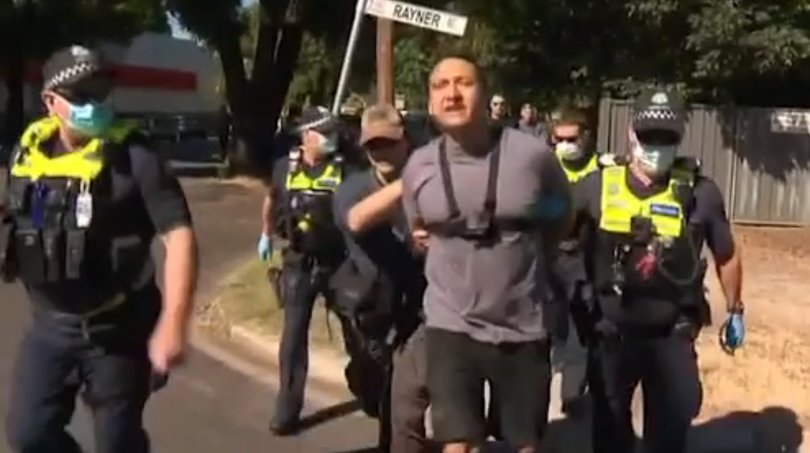 Dezi Freeman is in dramatic scenes outside the Myrtleford courthouse in December 2021.